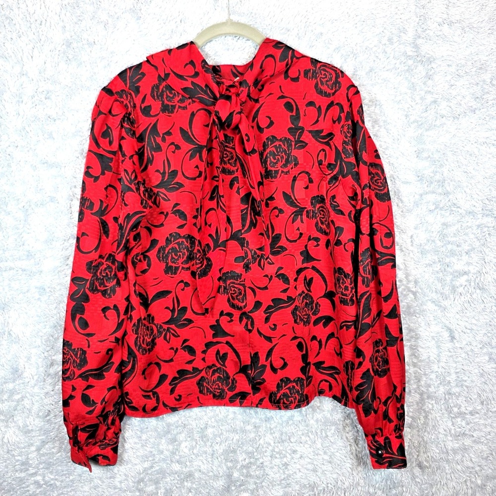 Vtg‎ Red Black Chiffon Floral Top Laura and Jane Secretary High Neck Medium - Picture 2 of 11